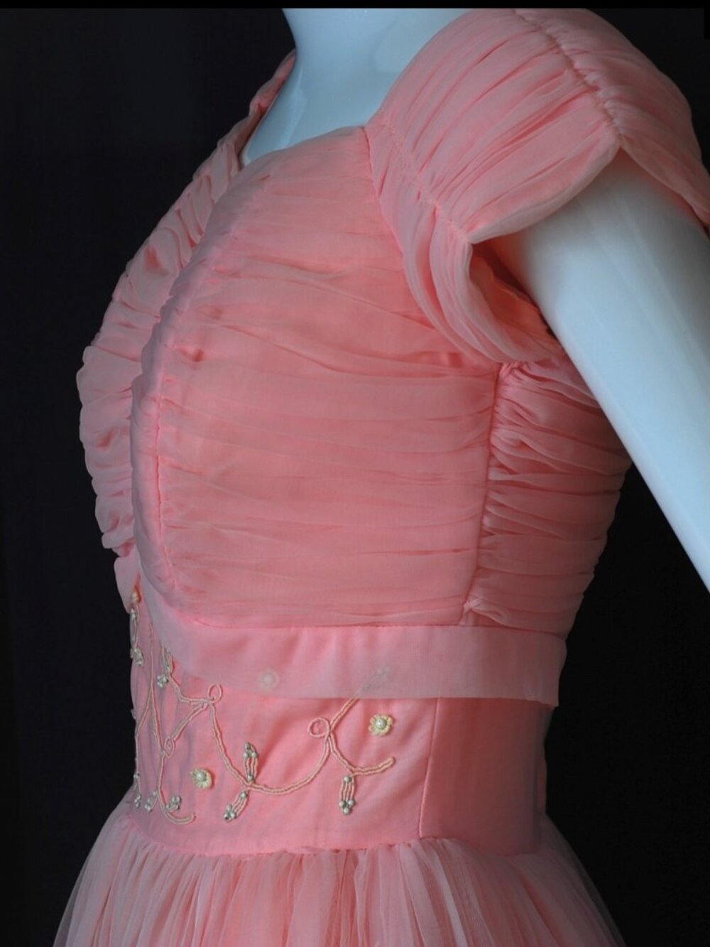 1950's Feminine Layered, Ruched & Beaded Pink Dress - Picture 5 of 7